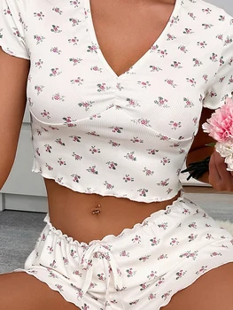 Жени Лято 2 парче пижама комплект флорални маруля къс ръкав еластични шорти меки фоайе спално облекло