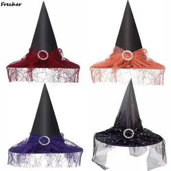 Жени Хелоуин парти вещици магьосник шапка готически пънк вещица шапки косплей костюм черна дама мода магьосник шапки дантела декор