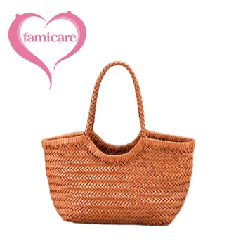 Жените Tote телешка естествена кожа тъкани чанта женски френски стил зеленчукова кошница пакет лято плаж пътуване INS рамо чанта