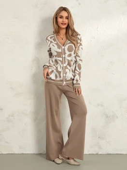 Жените есенни панталони костюми печат v-образно деколте дълъг ръкав бутони плета пуловер жилетка широк крак панталони 2 парчета дрехи комплект