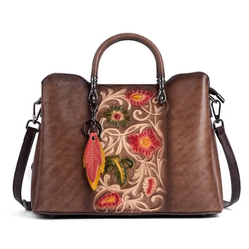 Жените естествена кожа чанта пратеник Топ дръжка чанта китайски стил дама недвижими телешка ретро женски рамото Crossbody голяма пазарска чанта
