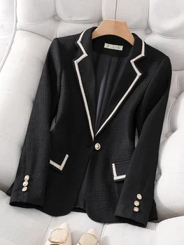 Жените пачуърк нетактичност есен зима мода черно бежово офис дама бизнес работа износване официално палто елегантен един бутон яке