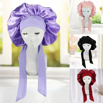 Жените плътен цвят изкуствена коприна сатен високо еластична шнур коса капака сън капачка грижа за косата за фризьорски салон