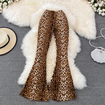 Жените реколта леопард печат висока талия панталони широк крак тънък корейски мода панталони елегантен случайни пролет лято улично облекло Z187