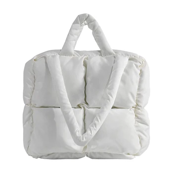 Жените ретро карирани ватирани рамо чанта плътен цвят зимата меки чанти меки голяма пазарска чанта