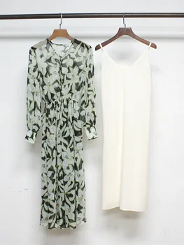 Жените флорални печат рокля 100% коприна v-образно деколте ластик две части костюм Midi халати
