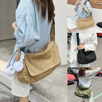 Женски платно плат Hobo мека тромава чанта за рамо Y2K студент свободно време среден размер училище книга лаптоп торбичка пратеник странична чанта
