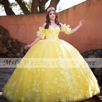 Жълта рокля на quinceanera за сладки 16 момичета принцеса топка рокля vestidos de 15 quinceañera апликации мъниста скъпа рокли