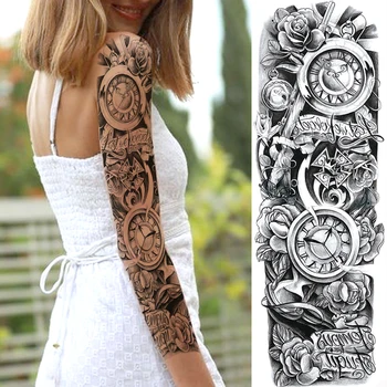 За мъже жени боди арт пълен ръкав черно цвете Tatoo вода трансфер фалшиви татуировка стикери голям компас временни татуировки