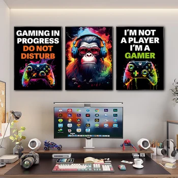 Забавни животни маймуни, носещи слушалки плакат игра контролер игри декоративни картини платно стена снимки геймър стая декор