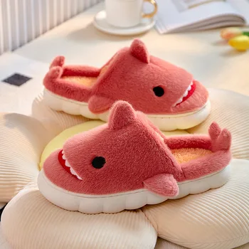 Зима гореща продажба акула памучни чехли жени кожа запази топло сладък двойки Начало Памучни обувки Плоски обувки Вътрешни женски Fur Slides