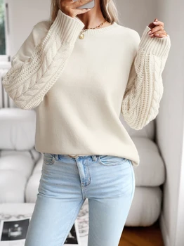 Зимен моден пуловер за жени 2023 Есен случайни кръг врата пуловер дълъг ръкав плета пуловер Топ твърд пуловер