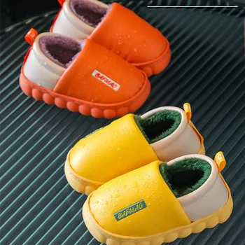 Зимни PU водоустойчиви детски памучни чехли момиче родител-дете топли бебешки чехли Начало Обувки на закрито Твърди чехли за спалня