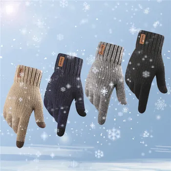 Зимни ръкавици със сензорен екран Жени Мъже Топло разтягане плетени ръкавици имитация вълна пълен пръст Guantes женски плетене на една кука Luvas сгъстяване