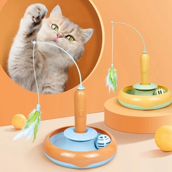 Интелигентна котешка играчка 3 в 1 Автоматична интерактивна котешка играчка 360° Ротация Електрически вътрешни играчки за котенца Пърхащи пера Track Bell Balls