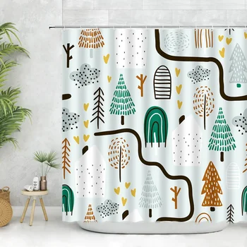 Карикатура дървета душ завеса комплект акварел карикатура растения 3d печат баня декор полиестер плат баня завеса с куки
