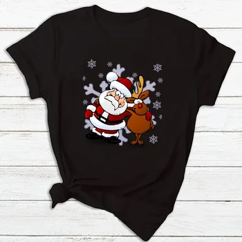 карикатура Дядо Коледа печат черна тениска подарък за празник смешно жени Весела Коледа тениски женски Fashi на къс ръкав отгоре