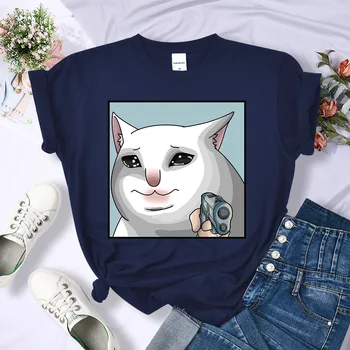 Карикатури Тъжна любовна котка с пистолетни отпечатъци Тий върхове жени извънгабаритни летни дрехи Harajuku тениска многоцветен ежедневни тениски