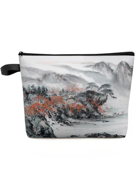 Китайски пейзаж живопис мастило голям капацитет пътуване козметична чанта преносим грим съхранение торбичка жени водоустойчив молив случай