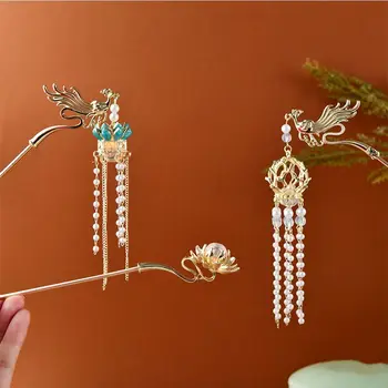 китайски стил светещи фиби за коса аксесоари цвете древен стил коса стик Hanfu шапки сплав перла пискюл фиба