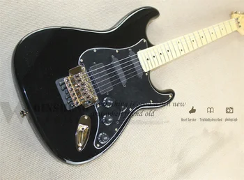 Класическа черна електрическа китара Stra тяло Tremolo мост Черно Pickupguard кленов пръст Златни тунери