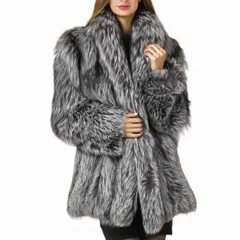 Кожено тревно палто Дамска нова лисица имитация на средна дължина комбинация Топ кожа на жените средно дълго кожено палто