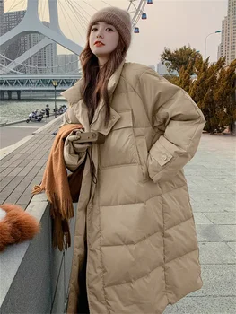 Корейска версия на улично стоящо яка памучно яке за жени през зимата, нов удебелен среден дължина хлабав коляното надолу памучен жак