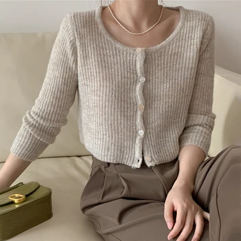 Корейска мода есен зима плетени къси пуловери 2023 плетена жилетка прост стил жени пуловер елегантен ежедневни палто 28890