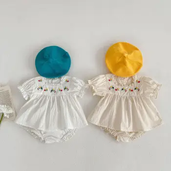 Корейски бебешки дрехи момичета цвете бродерия къс ръкав върховете + шорти 2бр новородено бебе малко дете момичета дрехи 2023 летни комплекти