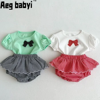 Корейски бебешки момичета дрехи комплекти лято лък къс ръкав тениска върховете + PP шорти костюм бебе момичета дрехи бебе бебе облекло костюм