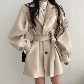 Корейски дебел женски тренч топли якета завой-надолу яка дълъг бутер ръкав дрехи пролет есен елегантен колан палто жени шик отгоре