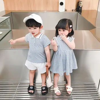 корейски стил лято бебе момчета момичета раирани памучни екипировки къс ръкав ризи къси панталони 2бр рокли деца ежедневни деца флот комплект