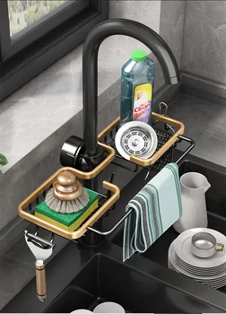Кухненска мивка Drain Rack Гъба за съхранение Държач за кранче за съхранение на сапун Пространство Алуминиев отцедник Рафт кошница Организатор Аксесоари за баня