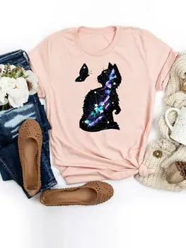 Къс ръкав T Топ тениски Жени Tee печат лятна карикатура котка сладък пространство тенденция риза женски графичен мода облекло