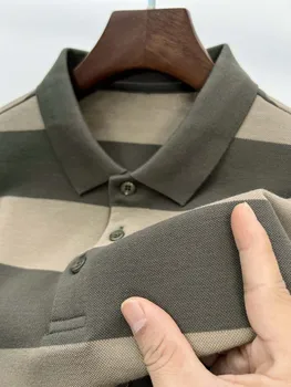 Лек луксозен есенен ревера POLO риза раиран цвят съвпадение дизайнер памук висок клас бизнес случайни дълъг ръкав отгоре M-4XL