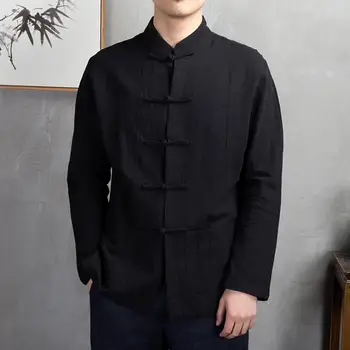Лека дишаща мъжка риза Мъжка риза с дълъг ръкав Традиционна мъжка риза в китайски стил с мандаринова яка дълъг ръкав