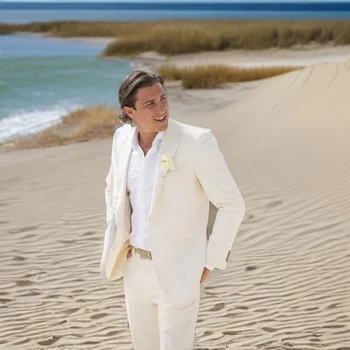 Ленен сватбен смокинг за мъже Slim Fit плажни костюми 2 броя абитуриентско облекло на младоженеца мъжко модно яке с панталони 2023 В наличност