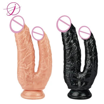 Лесбийки Двойна дилдо смукателна чаша Реалистичен вибратор пенис голям задник щепсел стимулира вагината анален щепсел възрастни секс играчки за жена Sexshop