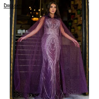 Лилави арабски луксозни нос ръкави вечерни рокли рокли A-Line Beaded секси 2023 за жени парти