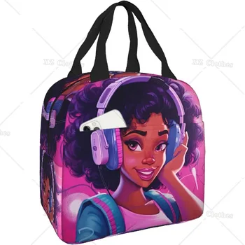 Лилаво розово музика африкански момиче изолирани обяд кутия голяма пазарска чанта за жени момичета многократна употреба термо обяд чанта за работа пикник училище