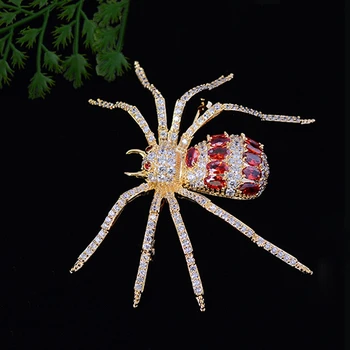 Луксозен червен паяк кристал брошки за жени мъже мода лъскав кубичен цирконий сватбени бижута декорация насекоми корсаж щифтове