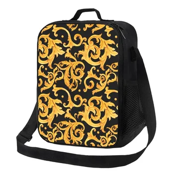 Луксозна златна европейска флорална изолирана чанта за обяд за училищен офис Бароков викториански арт охладител Thermal Bento Box Деца