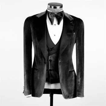 Луксозни костюми от черно кадифе Мъже Slim Fit Персонализиран комплект панталони от 3 части Официален младоженец Сватбена вечеря Абитуриентски смокинг Masculino