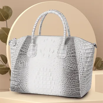 Луксозни крокодилски кожени дамски чанти голям капацитет куфарче рамо пратеник чанта дама преносими бели кожени голяма пазарска чанта
