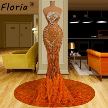 Луксозни оранжеви русалка вечерни рокли пера кристални камъни официален повод рокли секси без гръб сватбено парти рокля плюс размер