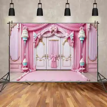 ЛУНА. QG фон розова завеса принцеса замък рожден ден фон за момичета бебе душ Bowknot врата декор фото стрелба подпори