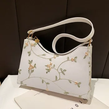 Лятна дантела цвете шевове Дамска чанта за рамо 2023 Мека PU кожена чанта за подмишници Плажна чанта за пътуване Малка чанта за момичета