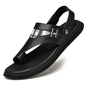 Лято голям размер мъжки сандали мода естествена кожа случайни мъжки обувки високо качество на открито меки дишащи плажни чехли