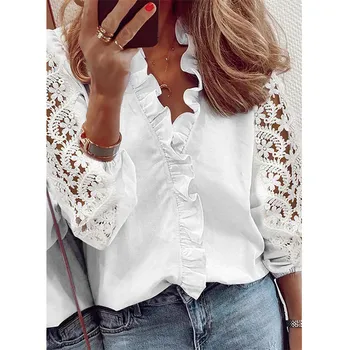 Лято дълъг ръкав къдри риза блуза жени нова мода дантела пачуърк женски върхове бели случайни извънгабаритни блузи