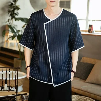 Лято мъже бельо риза китайски стил ретро случайни раирани върховете плюс размер традиционни азиатски дрехи Tang костюм върховете за мъж 10980